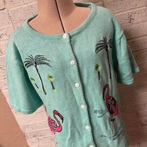 Vintage Great Cavalier Nautical Flamingo Embroidered Beachy Short Sleeve Sweater
